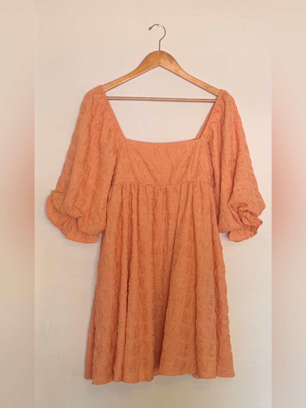 Embossed Square-Neck Babydoll Dress in Peach